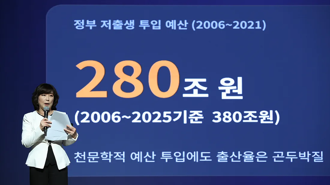 정부 저출생 투입 예산 280조 원을 보여주는 화면 앞에서 연사가 발표하는 모습